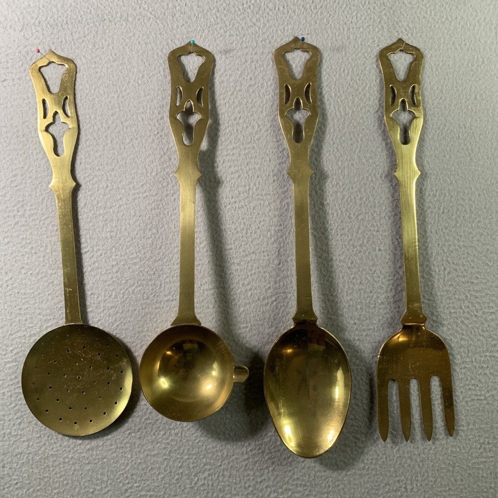 Large Italian Vintage Brass Hanging Cooking Utensils Fork Spoon Ladle Strainer